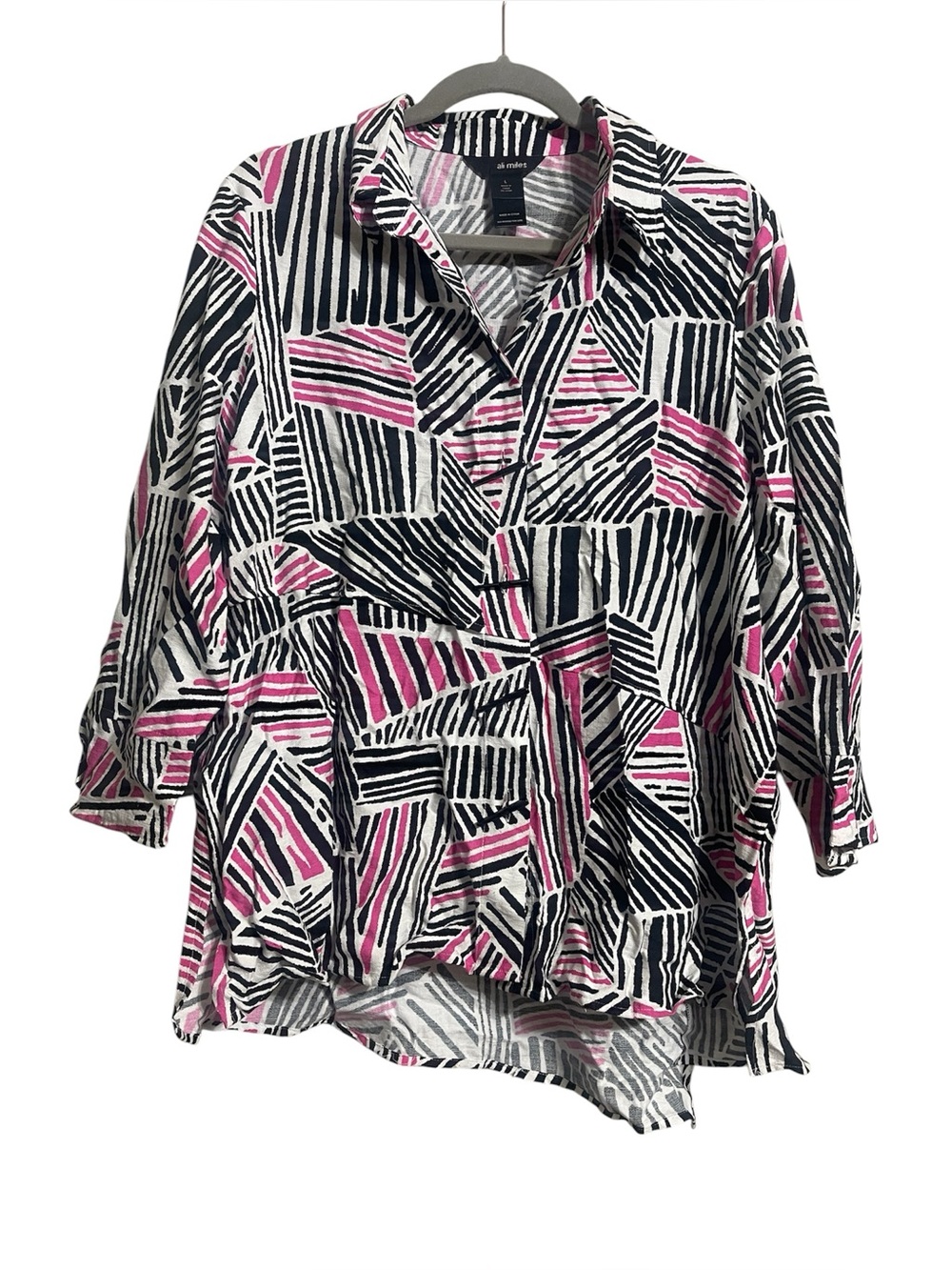 Ali Miles Geometric Pink, Black, White Stripe Button-Up Blouse